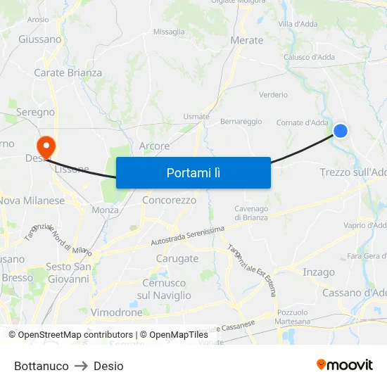 Bottanuco to Desio map
