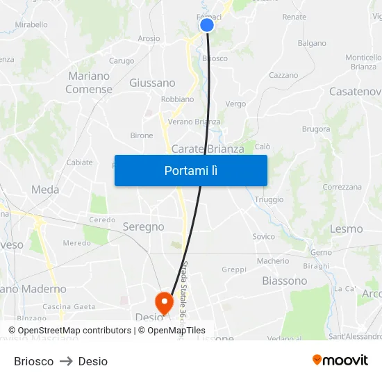 Briosco to Desio map