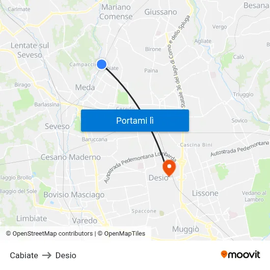 Cabiate to Desio map