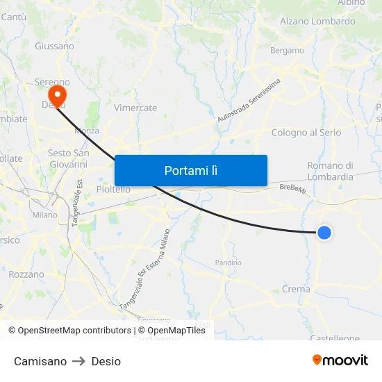 Camisano to Desio map