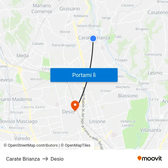 Carate Brianza to Desio map