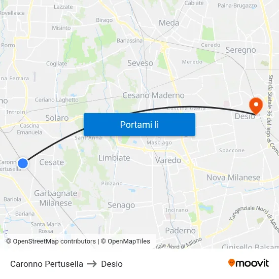 Caronno Pertusella to Desio map