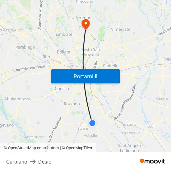 Carpiano to Desio map