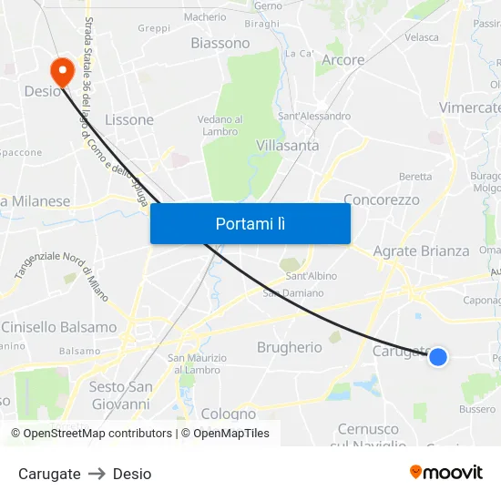Carugate to Desio map