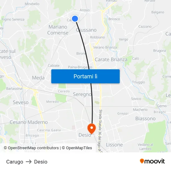 Carugo to Desio map