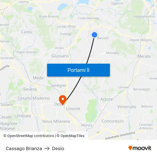 Cassago Brianza to Desio map