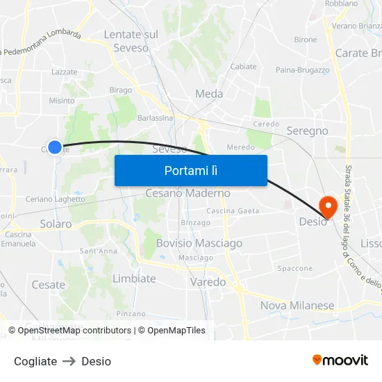 Cogliate to Desio map