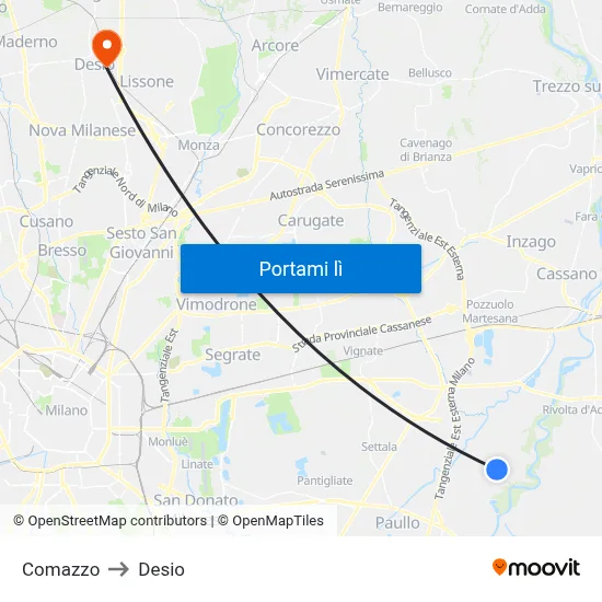 Comazzo to Desio map