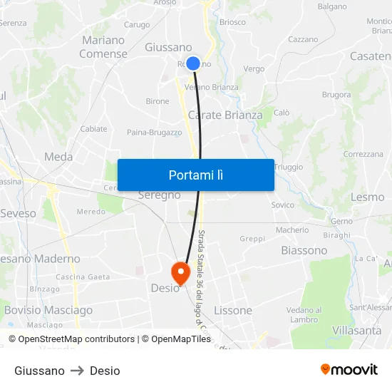 Giussano to Desio map