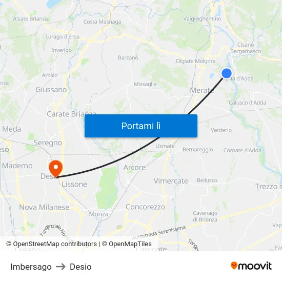 Imbersago to Desio map