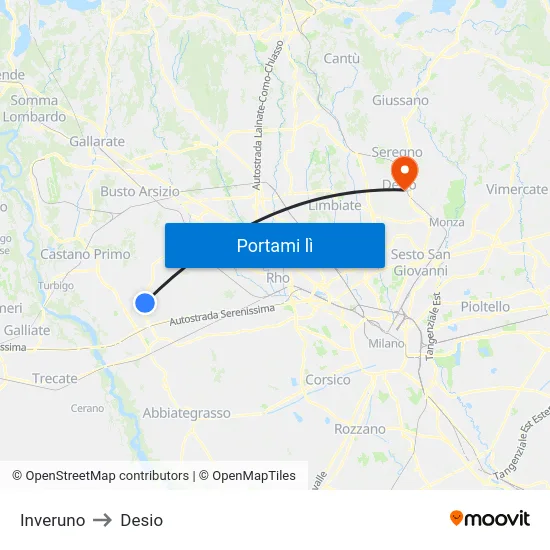 Inveruno to Desio map