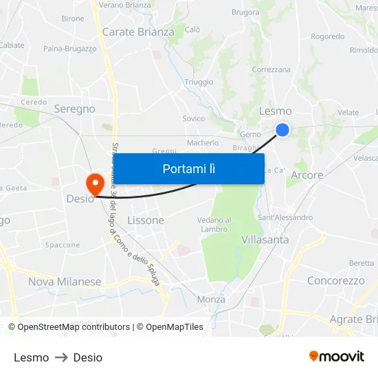 Lesmo to Desio map