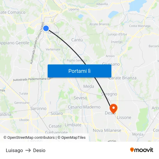 Luisago to Desio map