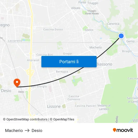 Macherio to Desio map