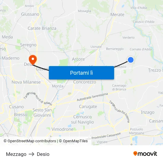 Mezzago to Desio map