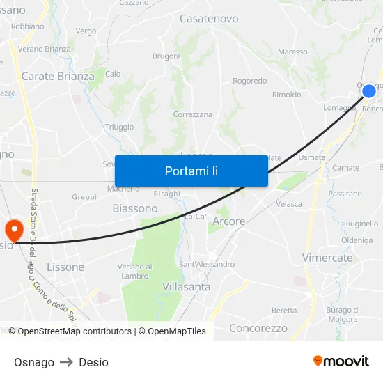 Osnago to Desio map