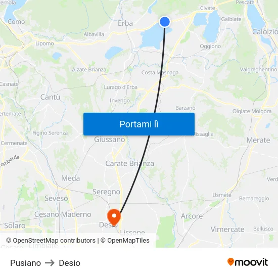 Pusiano to Desio map