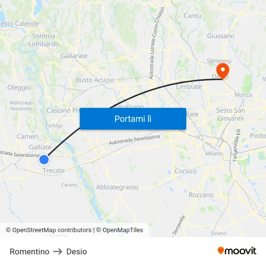 Romentino to Desio map