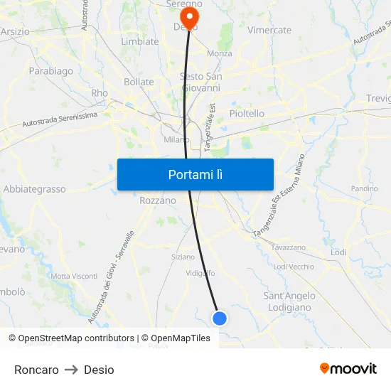 Roncaro to Desio map
