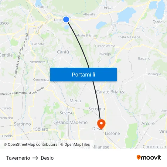 Tavernerio to Desio map