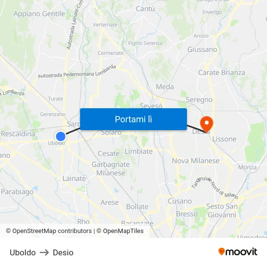 Uboldo to Desio map