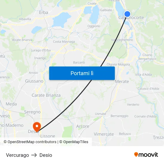 Vercurago to Desio map