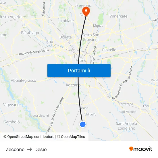 Zeccone to Desio map