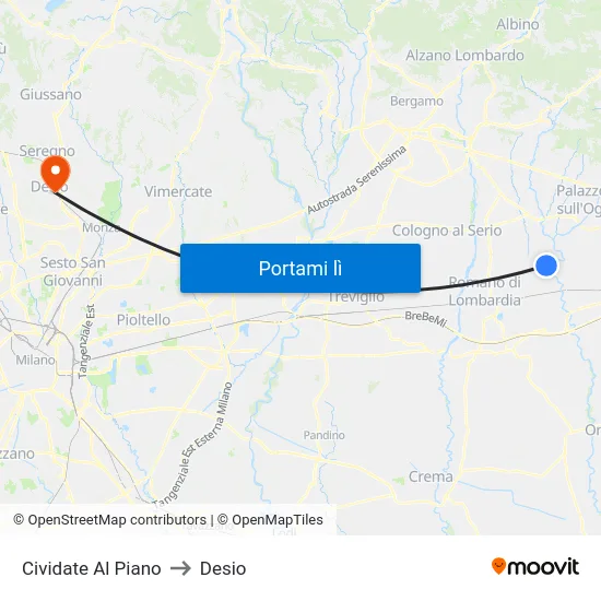 Cividate Al Piano to Desio map