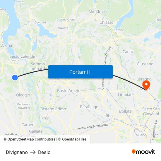 Divignano to Desio map