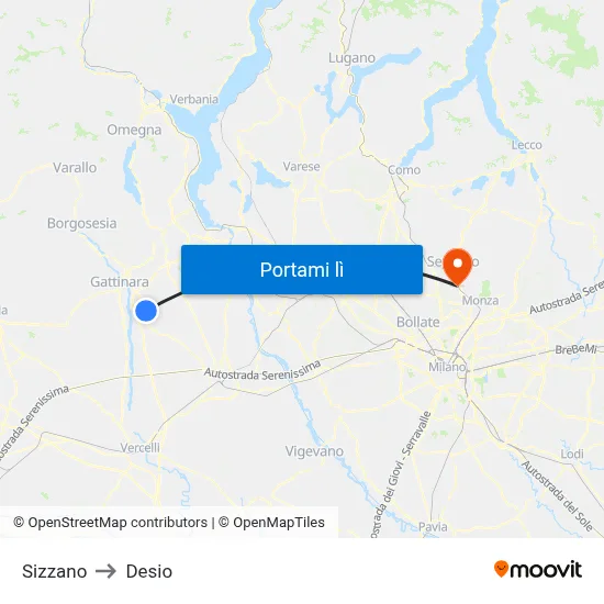 Sizzano to Desio map