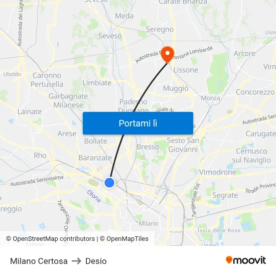 Milano Certosa to Desio map