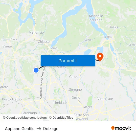 Appiano Gentile to Dolzago map