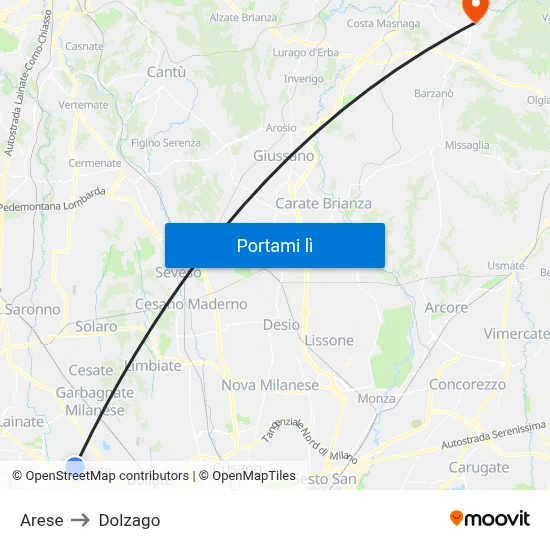Arese to Dolzago map