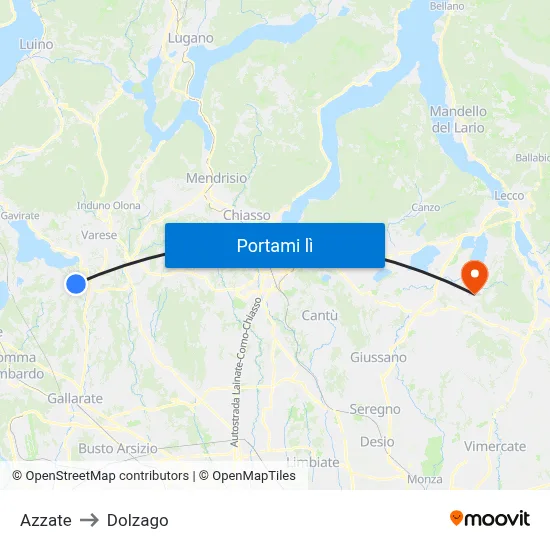 Azzate to Dolzago map