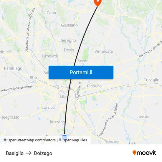 Basiglio to Dolzago map