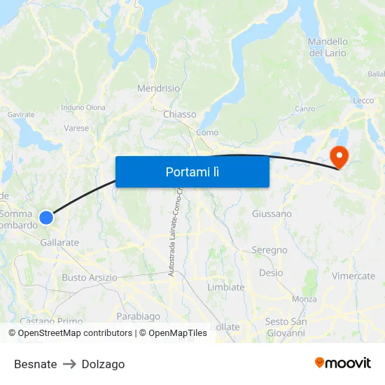Besnate to Dolzago map