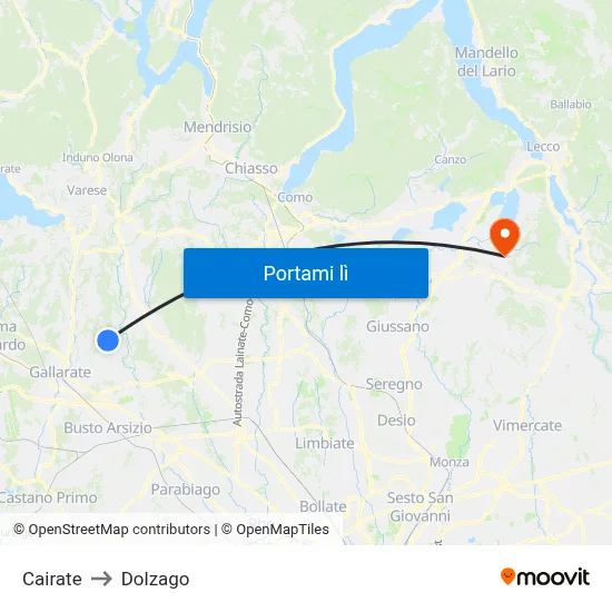 Cairate to Dolzago map