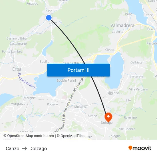 Canzo to Dolzago map
