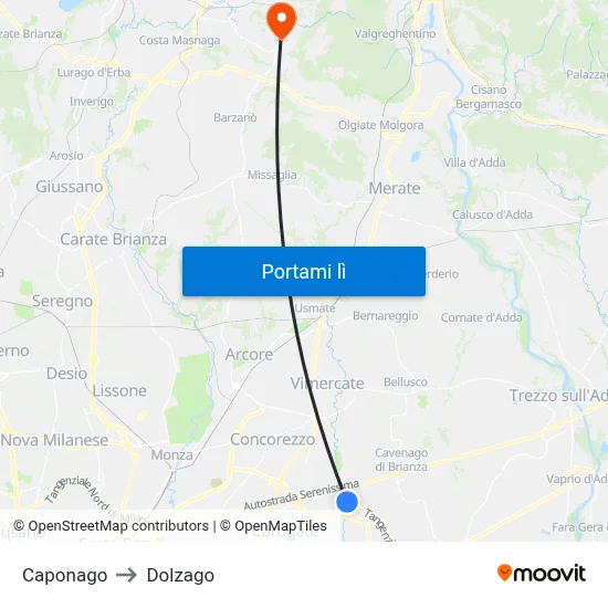 Caponago to Dolzago map