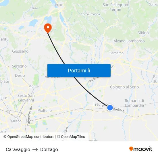 Caravaggio to Dolzago map