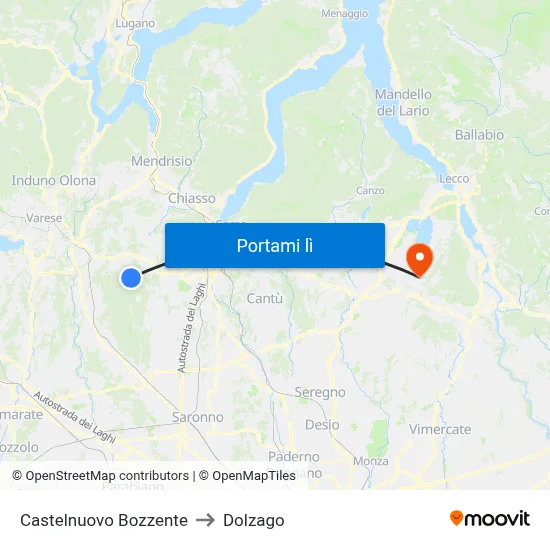 Castelnuovo Bozzente to Dolzago map