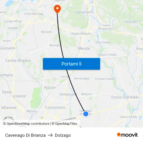 Cavenago Di Brianza to Dolzago map