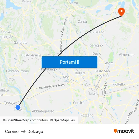 Cerano to Dolzago map