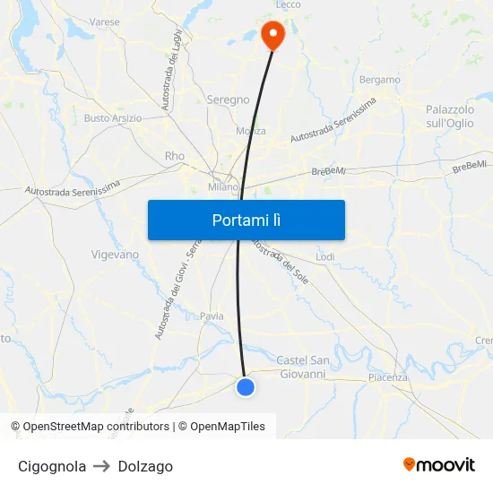 Cigognola to Dolzago map