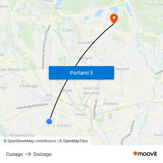 Cusago to Dolzago map