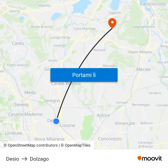 Desio to Dolzago map