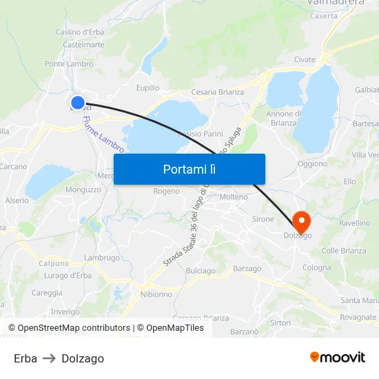 Erba to Dolzago map