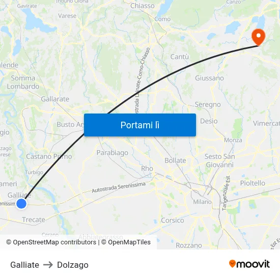 Galliate to Dolzago map