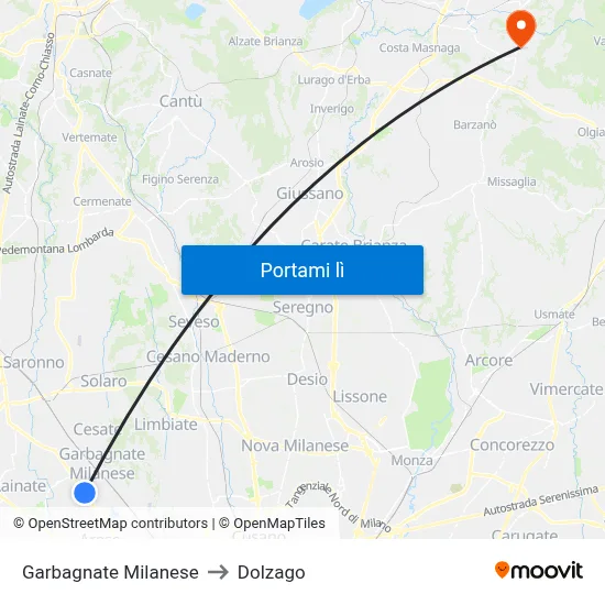 Garbagnate Milanese to Dolzago map