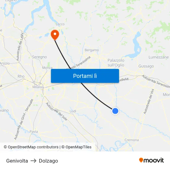 Genivolta to Dolzago map